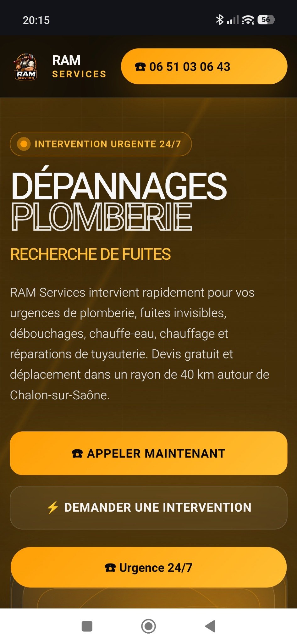 Aperçu mobile du site RAM Services